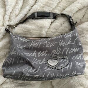 Coach silver Purse New York Holiday Limited Script Tote Hobo Hand Bag